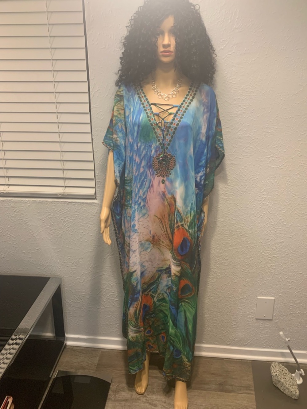 Boho Peacock Print Lace-Up Caftan in Blue & Green